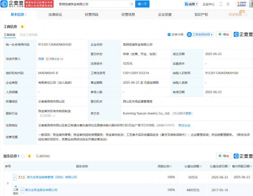 周大生设立新公司，拓展珠宝首饰回收修理与收藏品批发业务